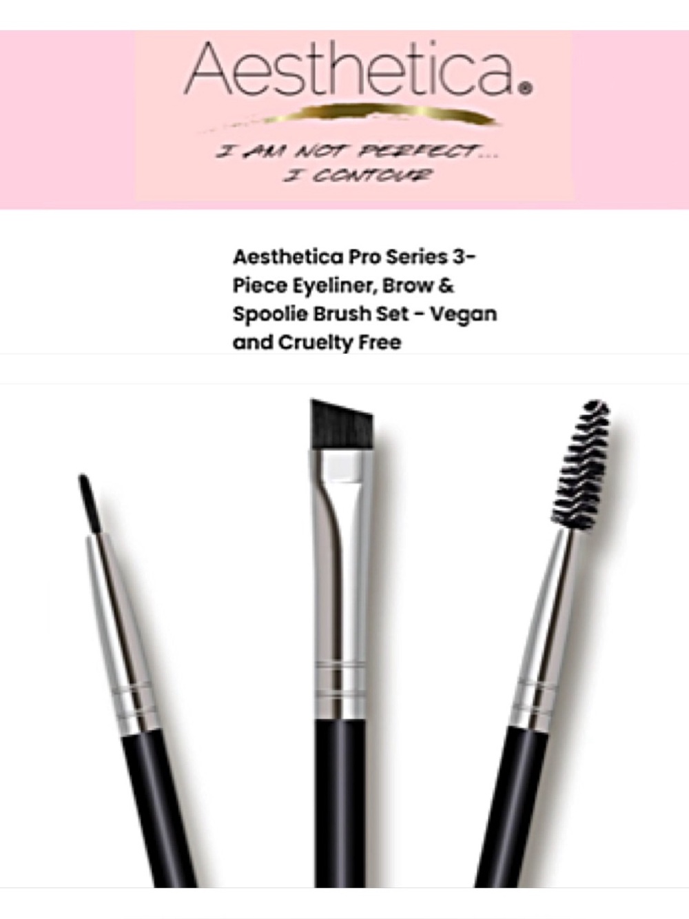 Aesthetica VEGAN PRO MAKEUP BRUSH 3-piece SET: Eyeliner, Brow & Lash (Spoolie)